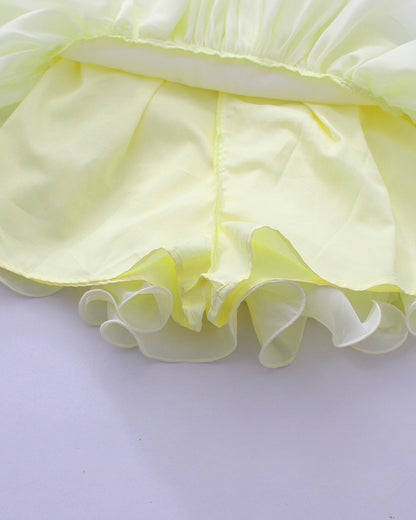 Yellow Bell Sleeve Blouse Layered Mini Skirt Shimmer Set