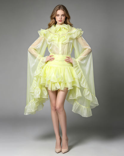 Yellow Bell Sleeve Blouse Layered Mini Skirt Shimmer Set