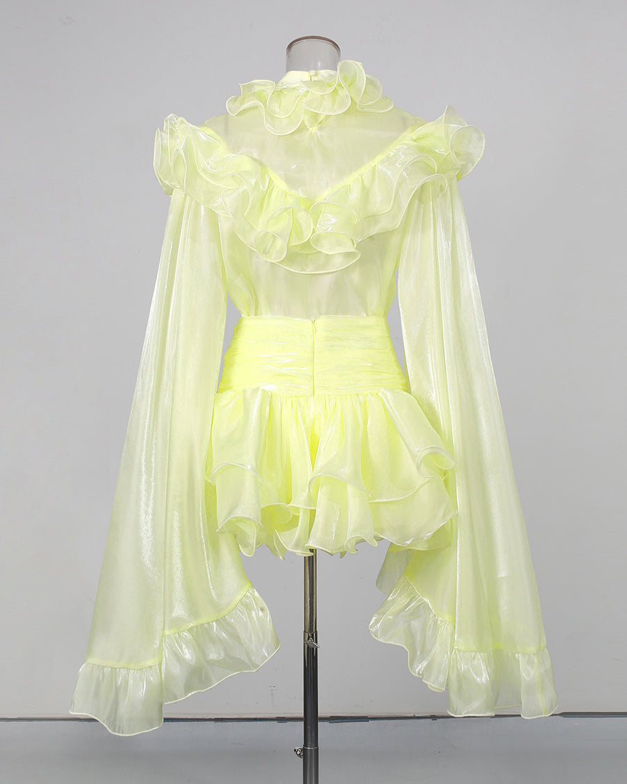 Yellow Bell Sleeve Blouse Layered Mini Skirt Shimmer Set