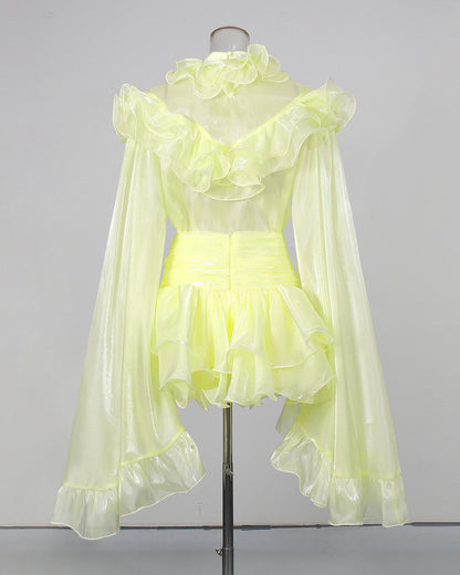 Yellow Bell Sleeve Blouse Layered Mini Skirt Shimmer Set