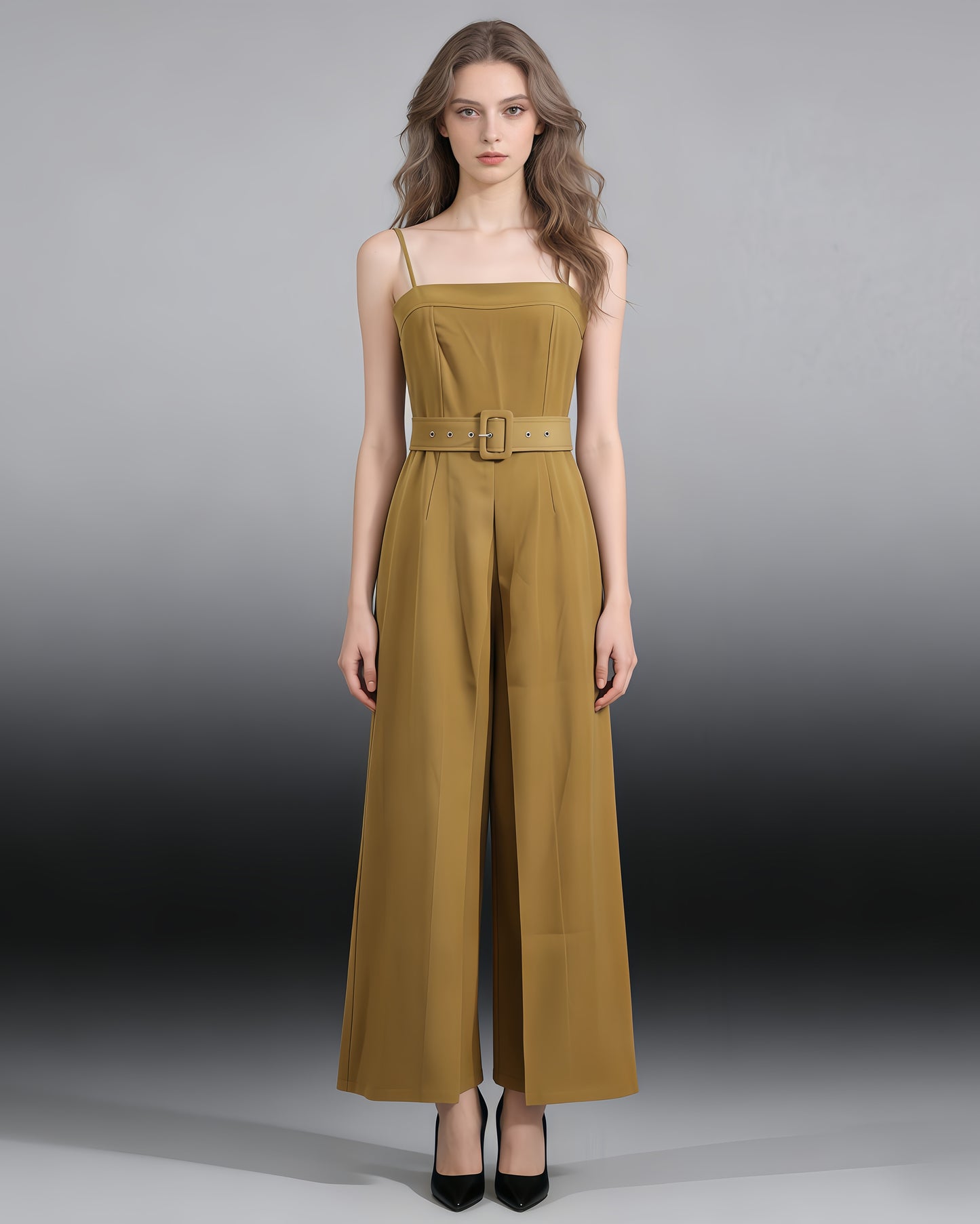 Yellow Belted Spaghetti Strap Jumpsuit