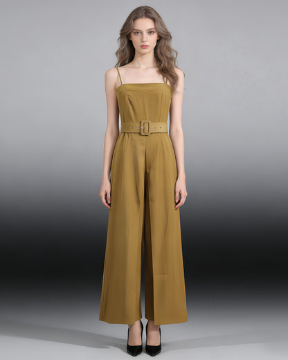 Yellow Belted Spaghetti Strap Jumpsuit