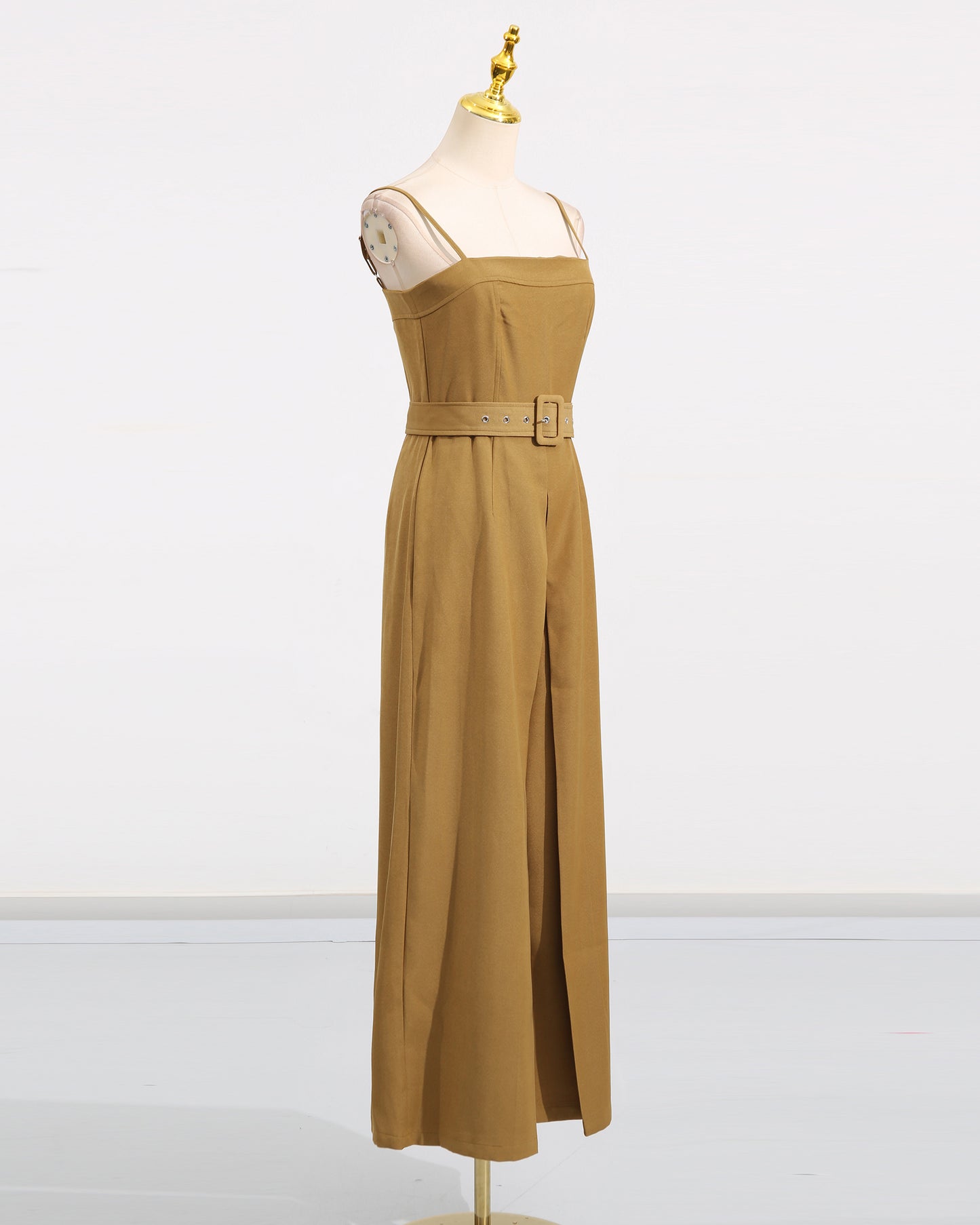 Yellow Belted Spaghetti Strap Jumpsuit