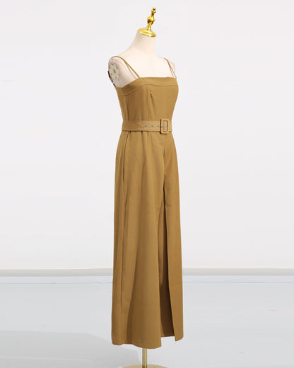 Yellow Belted Spaghetti Strap Jumpsuit