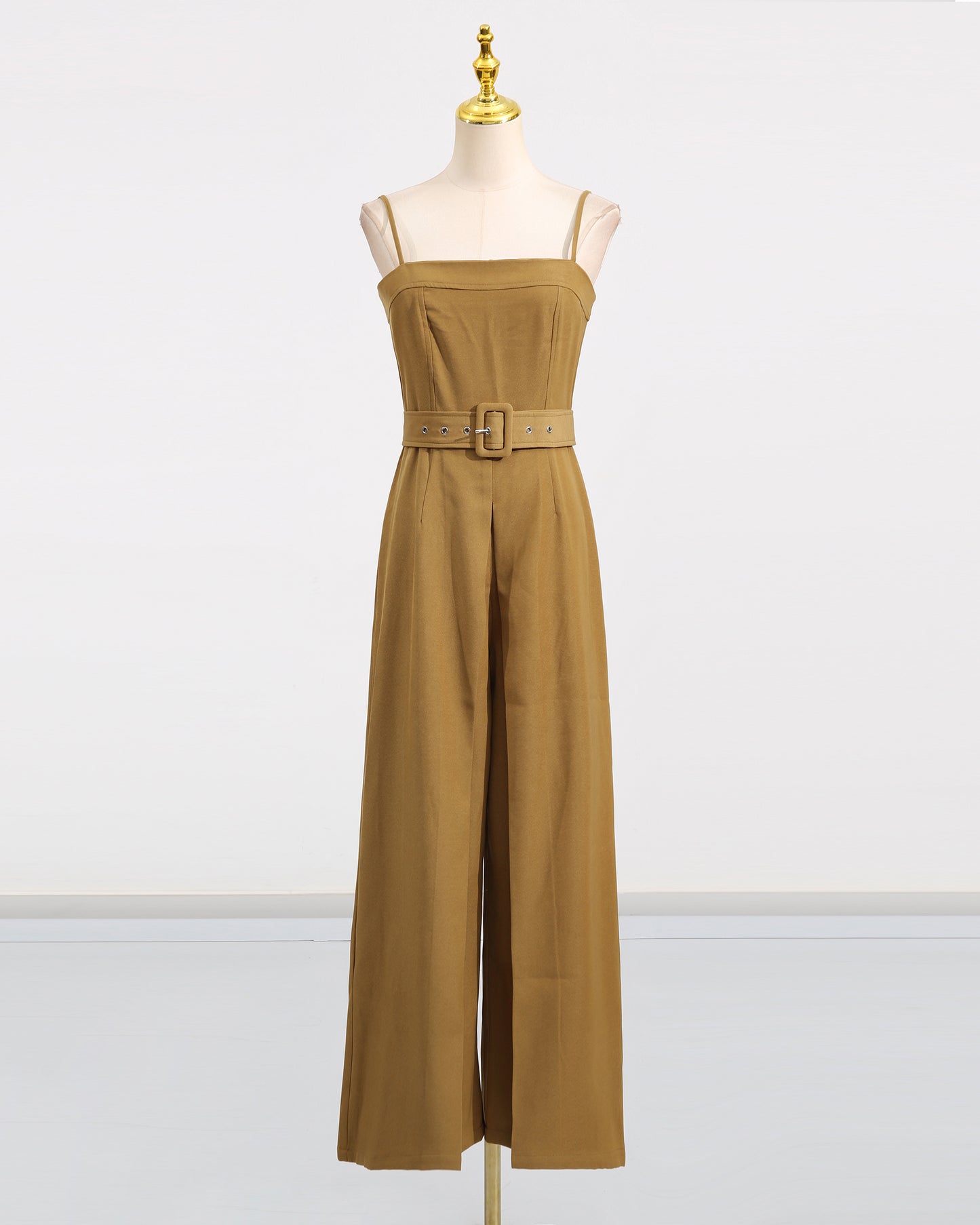 Yellow Belted Spaghetti Strap Jumpsuit