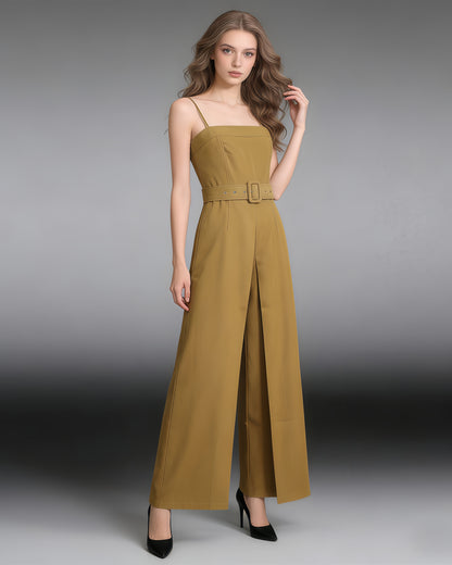 Yellow Belted Spaghetti Strap Jumpsuit