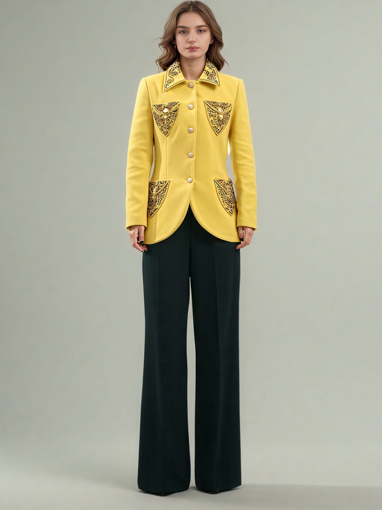 Yellow Blazer with Beaded Embellished Collar & Pockets