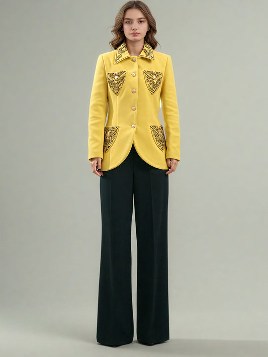 Yellow Blazer with Beaded Embellished Collar & Pockets