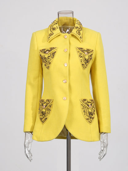 Yellow Blazer with Beaded Embellished Collar & Pockets