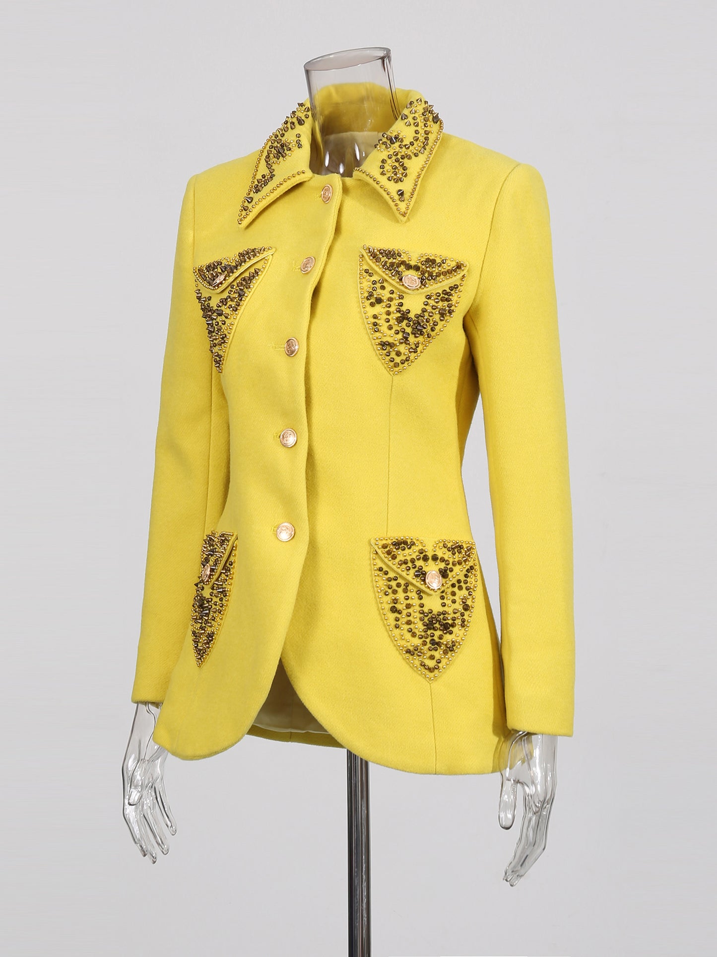 Yellow Blazer with Beaded Embellished Collar & Pockets