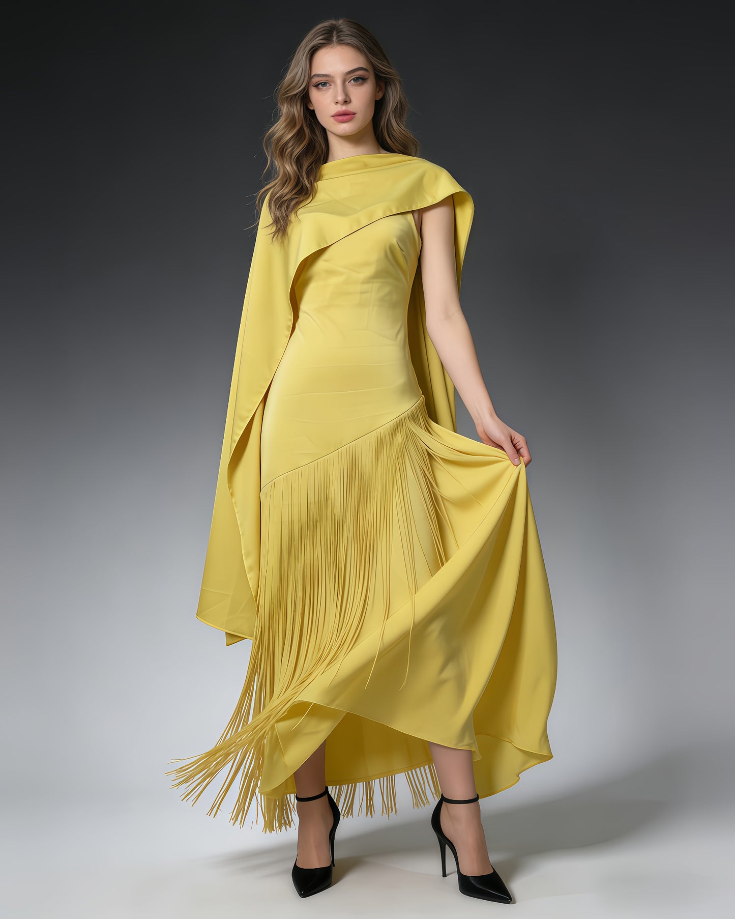 Yellow Cape Overlay Fringed Maxi Dress
