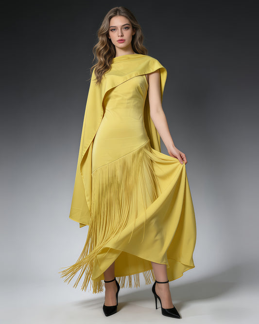 Yellow Cape Overlay Fringed Maxi Dress