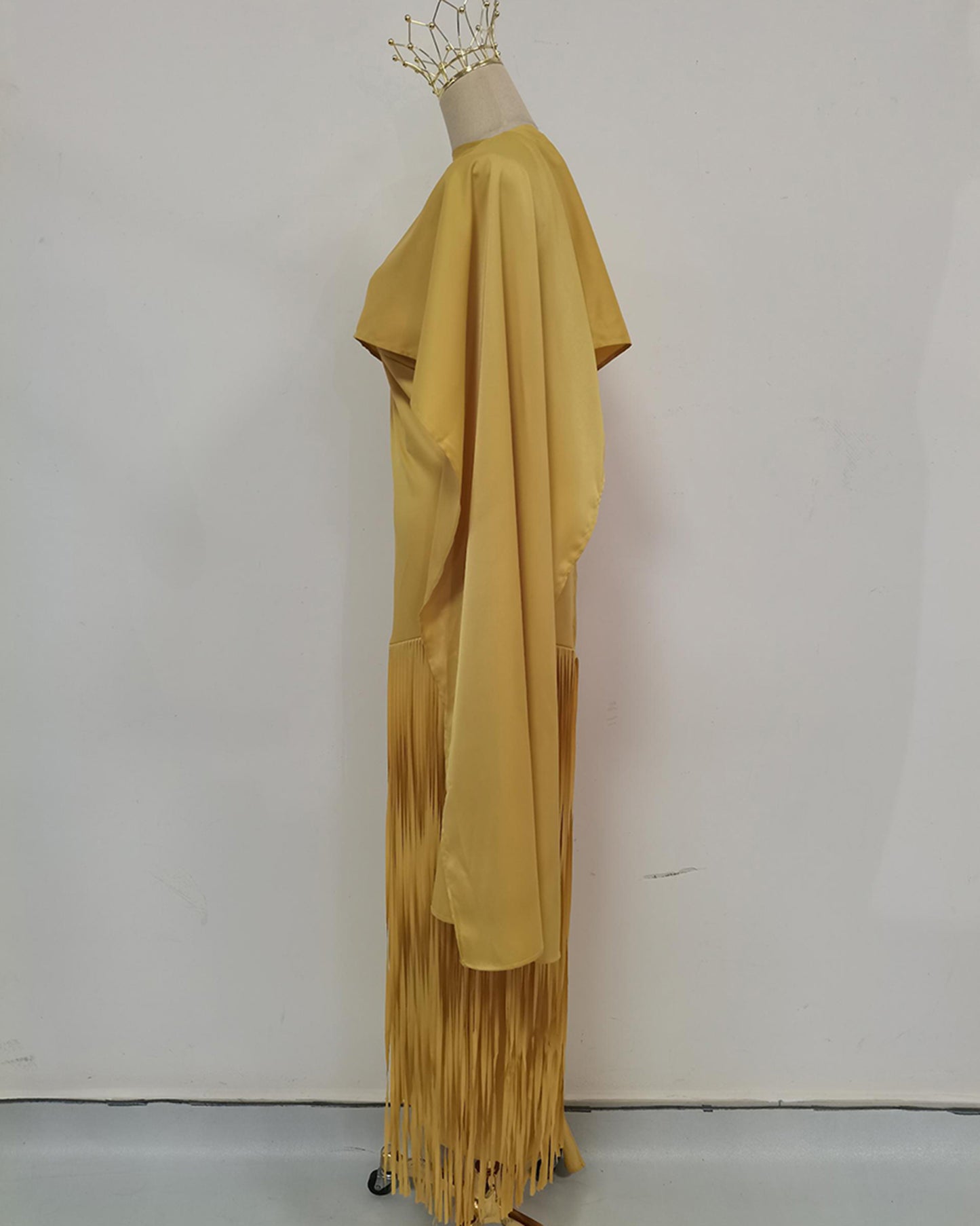 Yellow Cape Overlay Fringed Maxi Dress
