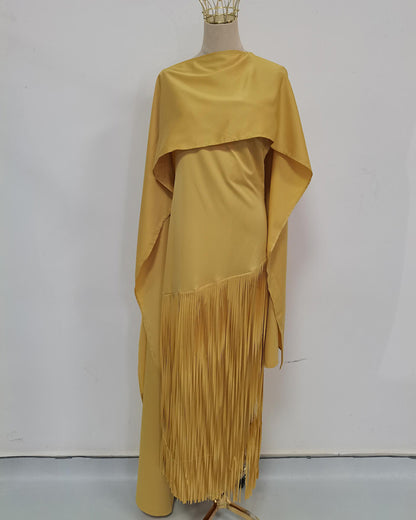 Yellow Cape Overlay Fringed Maxi Dress