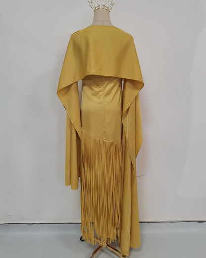 Yellow Cape Overlay Fringed Maxi Dress