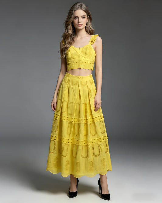 Yellow Cropped Top & Lace Maxi Skirt Set