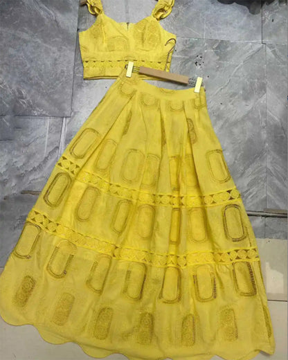 Yellow Cropped Top & Lace Maxi Skirt Set