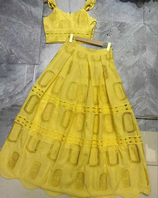 Yellow Cropped Top & Lace Maxi Skirt Set