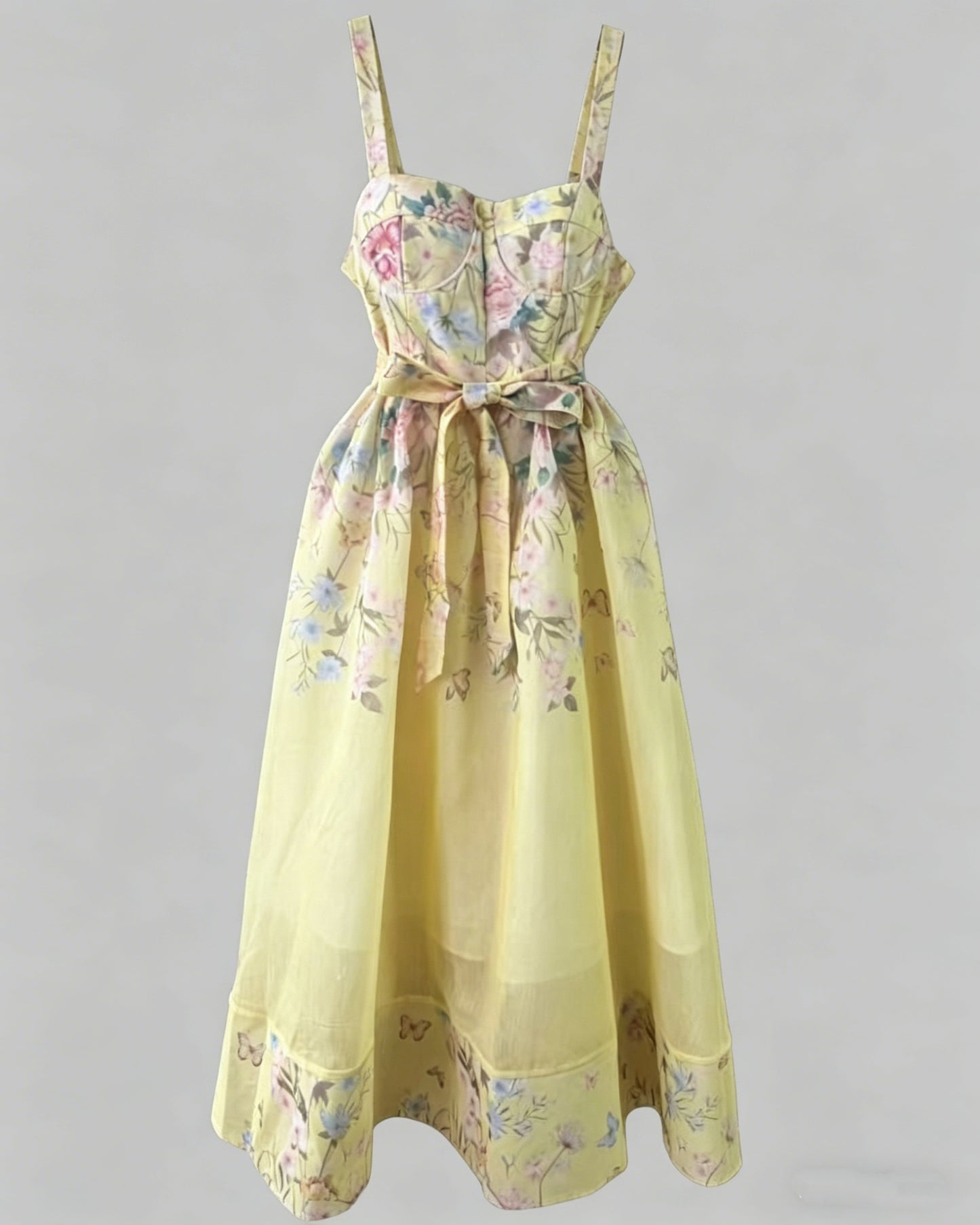 Yellow Floral 3D Appliqué Corset Maxi Dress