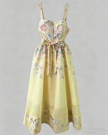 Yellow Floral 3D Appliqué Corset Maxi Dress