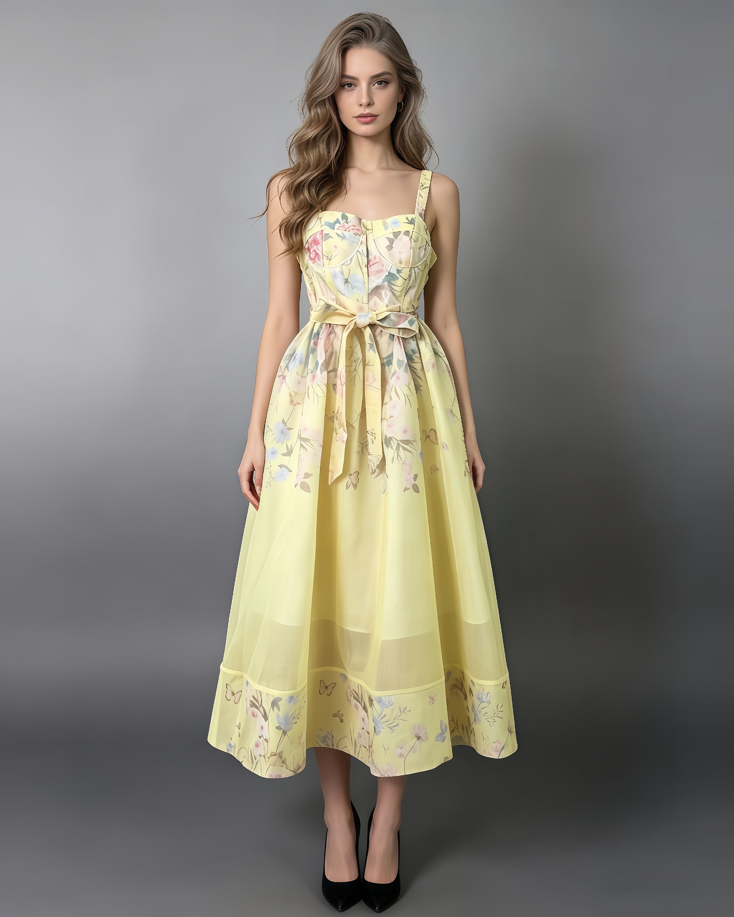 Yellow Floral 3D Appliqué Corset Maxi Dress