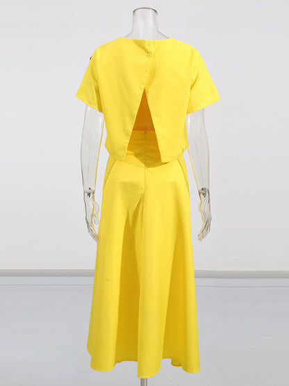 Yellow Floral Appliqué Crop Top & Midi Skirt Set