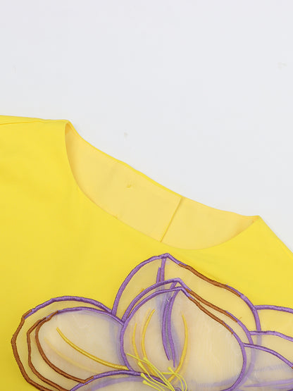 Yellow Floral Appliqué Crop Top & Midi Skirt Set