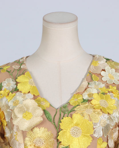 Yellow Floral Embroidered Puff Sleeve Midi Dress