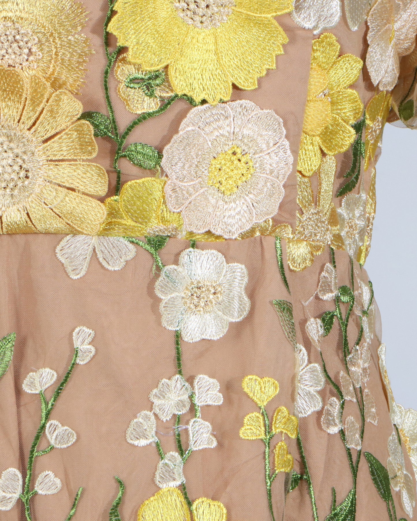 Yellow Floral Embroidered Puff Sleeve Midi Dress