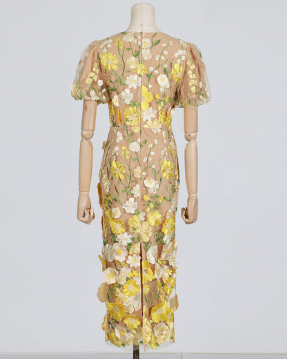 Yellow Floral Embroidered Puff Sleeve Midi Dress