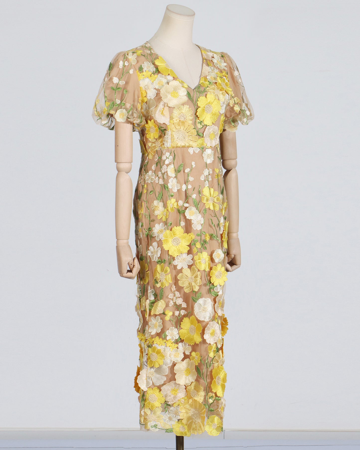 Yellow Floral Embroidered Puff Sleeve Midi Dress