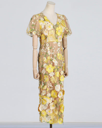 Yellow Floral Embroidered Puff Sleeve Midi Dress