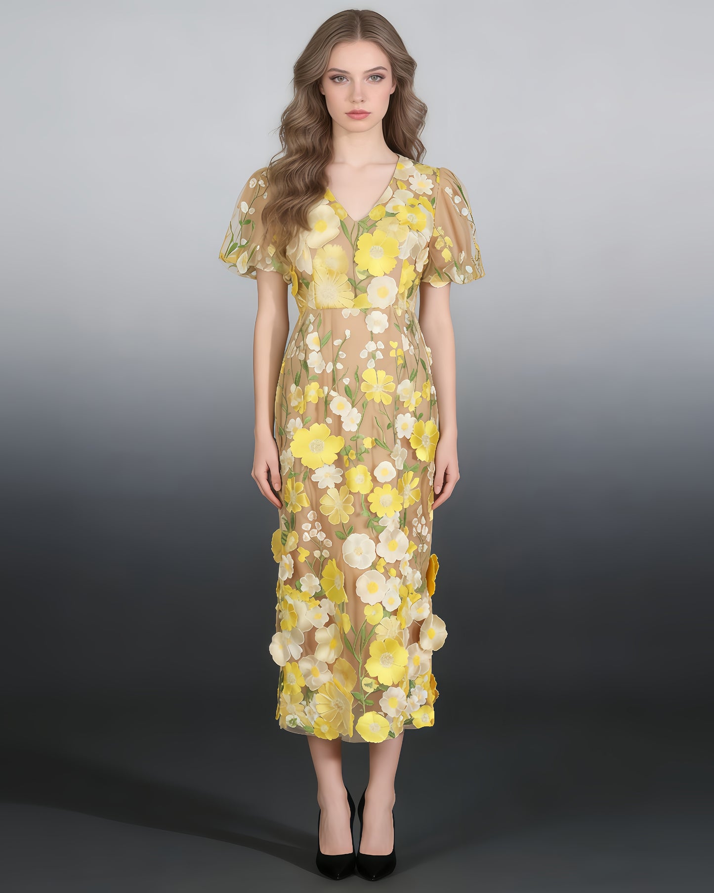 Yellow Floral Embroidered Puff Sleeve Midi Dress