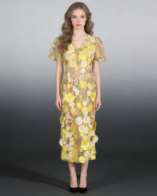 Yellow Floral Embroidered Puff Sleeve Midi Dress