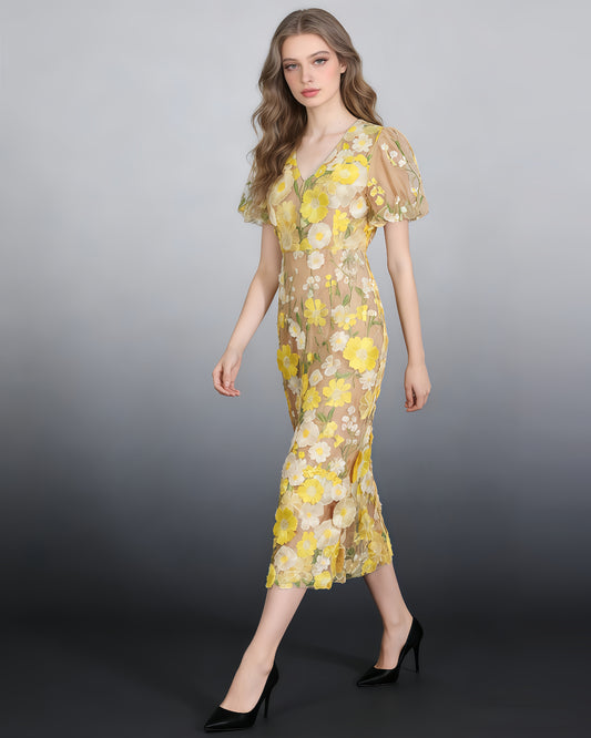 Yellow Floral Embroidered Puff Sleeve Midi Dress