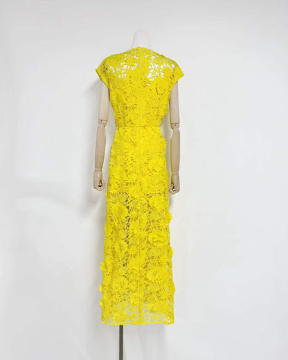 Yellow Floral Lace Midi Dress