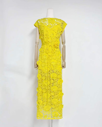 Yellow Floral Lace Midi Dress