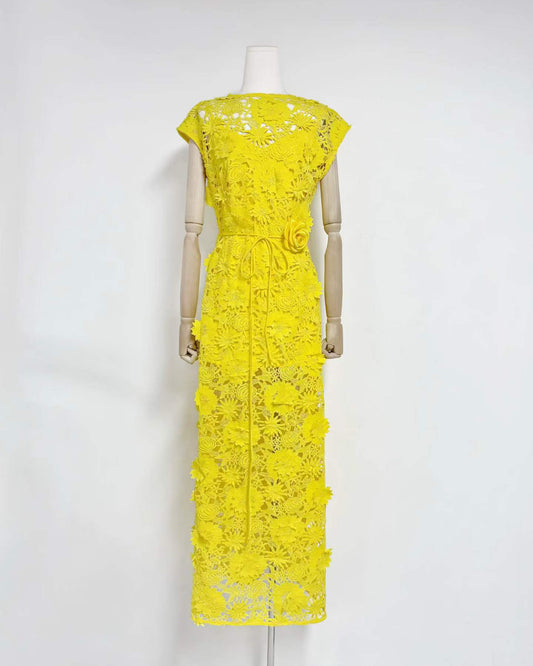 Yellow Floral Lace Midi Dress