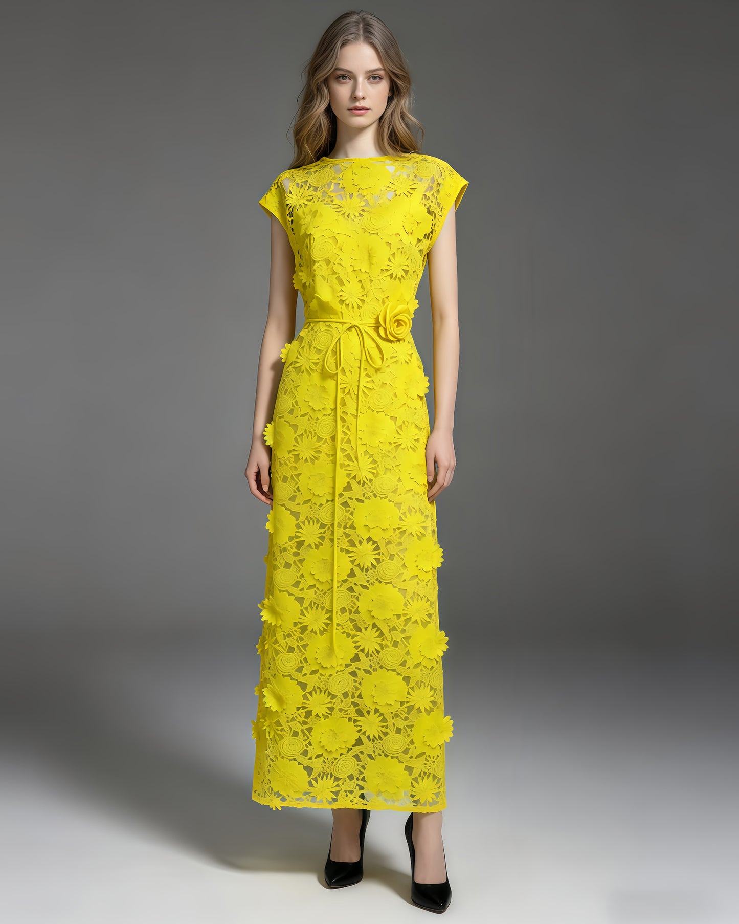 Yellow Floral Lace Midi Dress