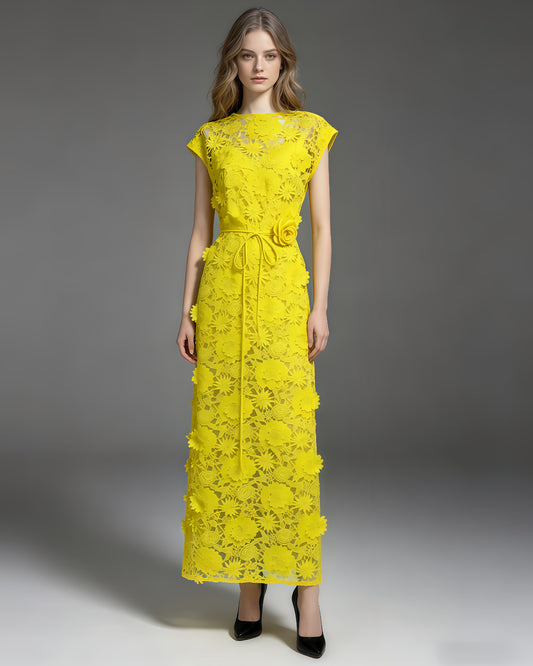 Yellow Floral Lace Midi Dress