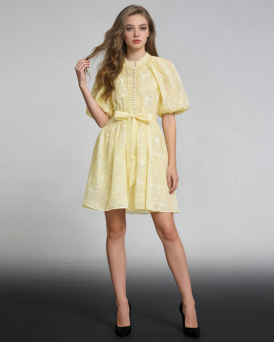 Yellow Bowknot Puff Sleeve Mini Dress
