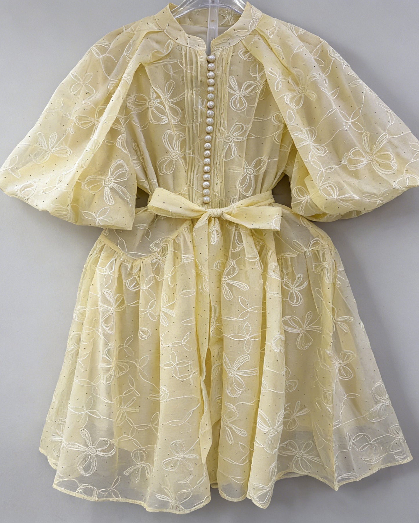 Yellow Bowknot Puff Sleeve Mini Dress