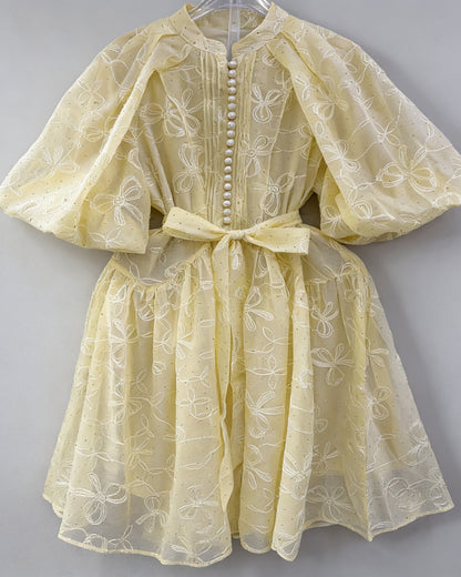 Yellow Bowknot Puff Sleeve Mini Dress