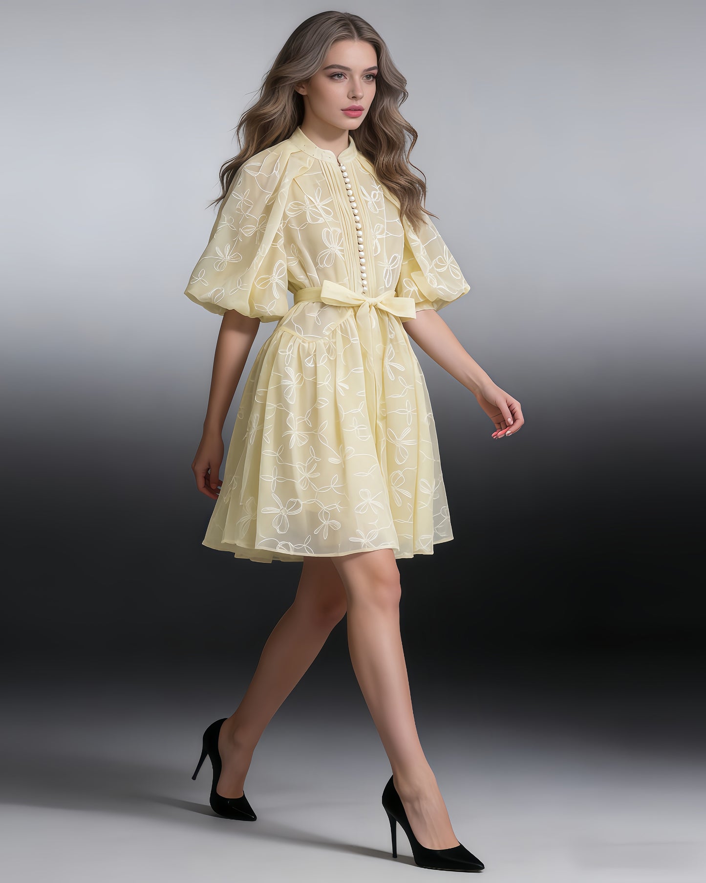Yellow Bowknot Puff Sleeve Mini Dress