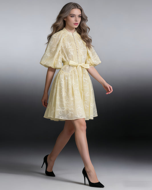 Yellow Bowknot Puff Sleeve Mini Dress