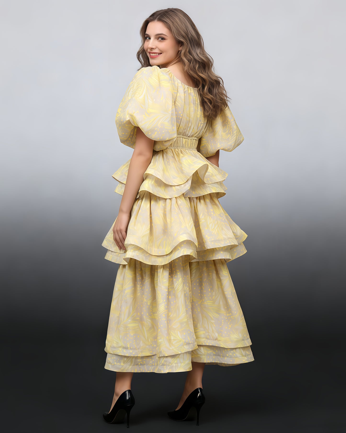 Yellow Floral Tiered Ruffle Maxi Dress