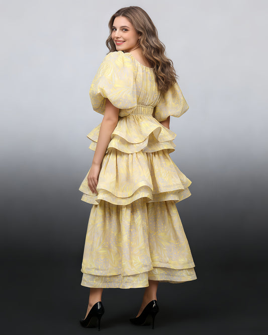 Yellow Floral Tiered Ruffle Maxi Dress