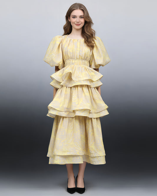 Yellow Floral Tiered Ruffle Maxi Dress