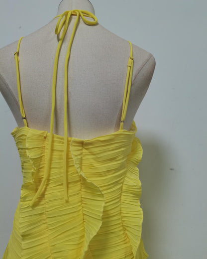 Yellow Halter Ruffle Pleated Maxi Dress