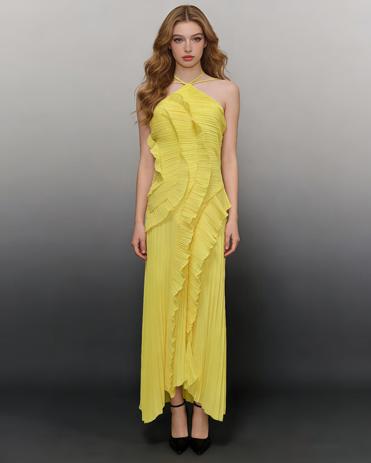 Yellow Halter Ruffle Pleated Maxi Dress